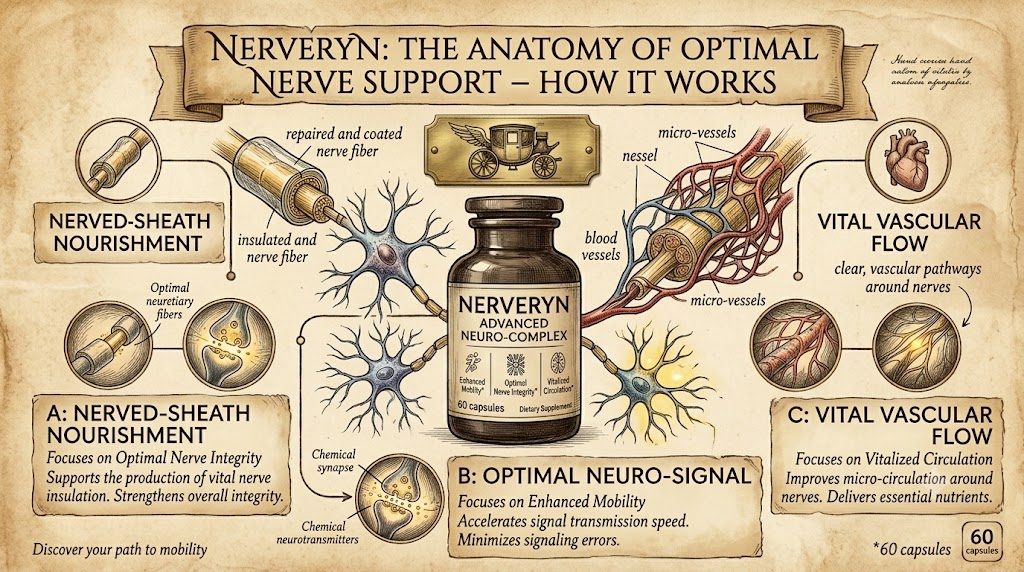 Illustrated graphic titled The anatomy of optimal nerve support, how it works, with a Nerveryn bottle and boxes on nerve-sheath nourishment, optimal neuro-signal and vital vascular flow