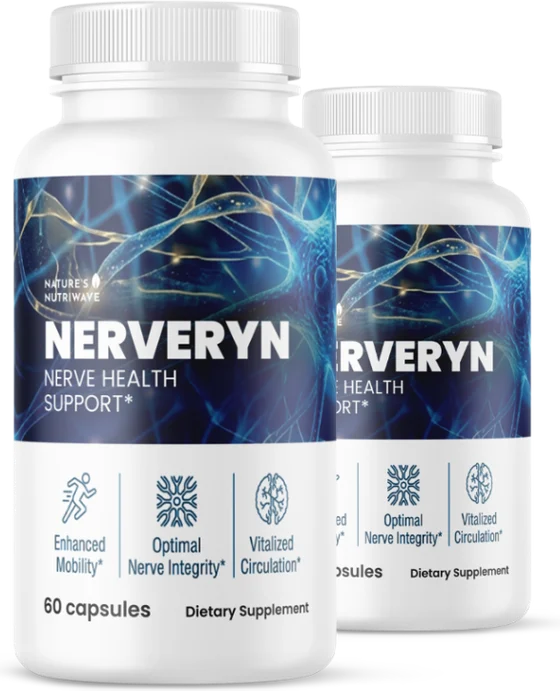 Two Nerveryn 60-capsule bottles labeled Nerve Health Support, dietary supplement